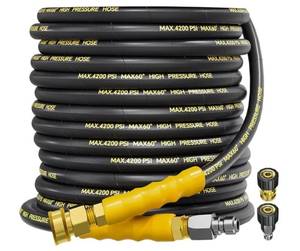 lot 36798 image: 4200PSI Pressure Washer Hose 50FT with 38 Swivel Quick Connect for ColdHot Water, Kink Resistant Steel Wire Braided,14 Wear Resistant Power Washer Hose with 2 M22 14mm Adapter Set - Retail $52