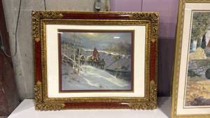 lot 4001 image: 60x48 Framed Winter Landscape Print with Horseback Rider #491550