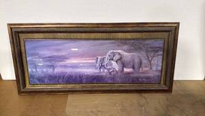 lot 4033 image: 20x44 African Elephant Family Landscape Print in Ornate Gold Frame