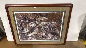 lot 4035 image: 35x42 Wolf Family Pack Wildlife Art Print in Wood Frame