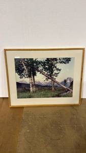 lot 4041 image: 24x30 Framed Mountain Landscape Print with Birch Trees