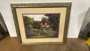 lot 4043 image: 33x40 English Cottage Garden Landscape Print in Ornate Gold Frame