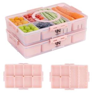 lot 4061 image: Stackable Snackle Box Container with 2 Lids, 14 Compartments - BPA-Free Snackle box Organizer, Dishwasher & Microwave Safe Reusable Snacklebox for Veggies, Fruits, Charcuterie, Snacks (Pink, 2 Pack) - Retail $17