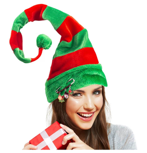 lot 4073 image: BigOtters Christmas Elf Hat, Long Striped Felt Hat with Cute Brooch Pin for Kids Adults - Retail $0