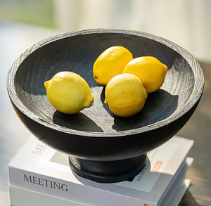 lot 4116 image: Hanobe Decorative Wood Bowl for Centerpiece Wooden Black Pedestal Bowl Decor for Entry Way Table - Large Coffee Table Decor Dough Bowl for Fruit,Keys - Retail $0