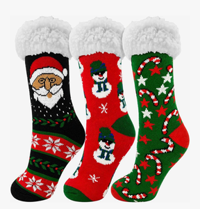 lot 4127 image: WAKOSAN Christmas Warm Fuzzy Slipper Socks for Women,Winter Fluffy Warm Indoor Socks,Free Size��3 Pairs��see pic for exact design - Retail $0