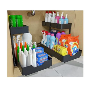 lot 4168 image: NATURES SOURCE 2 Pack Under Sink Organizer 2 Tier Sliding Cabinet Organizers Multi-Purpose Sink Storage Basket L-Shape Narrow Space Storage Shelves with 4 Hook for Kitchen Bathroom Drawer, Black - Retail $0
