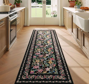 lot 4181 image: unner Rug for Kitchen Rug Non Slip 26x8 Washable Rugs with Rubber Backing Soft Vintage Floral Carpet Runner for Kitchen, Laundry, Bedroom, Bathroom, Black - Retail $0