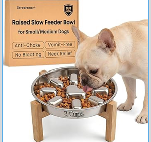 lot 4187 image: Elevated Slow Feeder Dog Bowl for Small Medium Breed Puppies, 2 Cup 304 Stainless Steel Maze Food Dish for Fast Eaters, Non Slip Raised Doggy Metal Plate with 5.5 Inch Stand, Non Gobbling, Neck Relief - Retail $0