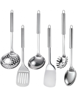 lot 4195 image: Stainless Steel Kitchen Utensils Set, 6 PCS Metal Cooking Utensils Set, Heat Resistant Cooking Spatula Spoon Set with Turners, Serving Spoon, Ladle, Skimmer, Pasta Server - Retail $0