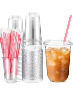 lot 4202 image: 50 Sets Clear Plastic Cups with Heart Shaped Pink Straws and Strawless Lids Disposable Round Bottom PET Cups for Iced Coffee Cold Beverage Party Wedding Bridal Shower (Clear,16 oz) - Retail $0