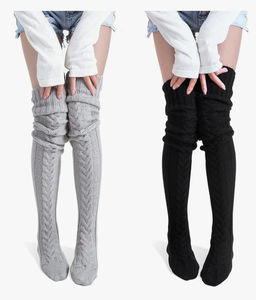 lot 4207 image: Shyyween 2 Pairs Womens Thigh High Socks Cable Knitted Over the Knee Boot Socks with Pom Pom Winter Extra Long Stockings Leg Warmers (Black,Gray) - Retail $0
