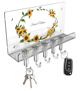 lot 4211 image: Wall Key Holder for Wall with 5 Hooks, Clear Acrylic Sunflower Design for Mail and Coats, Multi-Purpose Wall Mounted Organizer Shelf, Home Room Wall Decor, Easy to Install - Retail $0