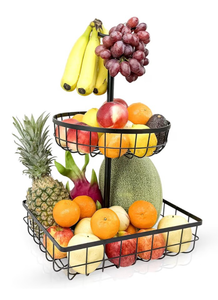 lot 4234 image: Fruit basket for kitchen counter with rotatable layup, Extra large capacity 2-tier fruit basket with banana hooks,Sturdy metal vegetable holds for home and apartment countertop (Matte Black) - Retail $0