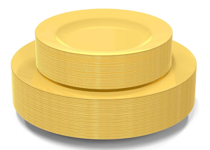 lot 4240 image: POSATE 60PCS Yellow Disposable Plastic Plates, Heavy Duty Plates for WeddingParty, 30PCS Dinner Plates 10.25���� and 30PCS DessertSalad Plates 7.5����, Yellow Plates for Party Event - Retail $0