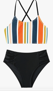 lot 4241 image: SweatyRocks Girls 2 Piece Bathing Suits Striped Print Spaghetti Strap Criss Cross Bikini Set High Waist Swimsuit Multicolor 10Y - Retail $0