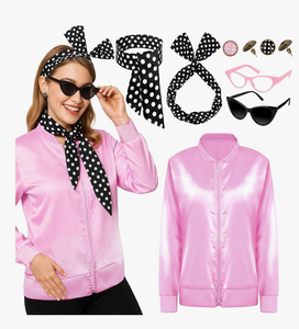 lot 4244 image: VLUV Pink Halloween Costumes Set, Womens Halloween Retro Satin Jacket Set with Scarf Headbands Glasses Accessories - Retail $0