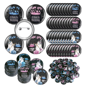 lot 4249 image: XunYee 52 Pcs Halloween Gender Reveal Pins Baby Shower Boy or Girl Team Buttons Floral Pins for Reveal Party Games Supplies and Baby Showers Decorations - Retail $0
