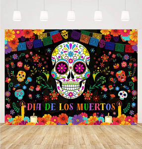 lot 4250 image: AIBIIN 7x5ft Day of The Dead Backdrop Mexican Sugar Skull Flower Photography Background Dia de Los Muertos Marigold Carnival Birthday Party Decorations Photo Studio Props Banner Black - Retail $0