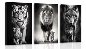 lot 4252 image: KLVOS 3 Pieces Brown Animal Wall Art Wolf Lion and Tiger Parent Child Picture Paintings Canvas Cool Wildlife Artwork Framed Modern Home Office Bedroom Decor - Retail $0