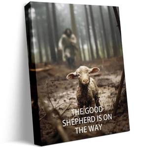lot 4278 image: Christian Canvas Wall Art, Jesus Rescuing Lost Sheep Poster, The Good Shepherd Is on the Way Print, Inspirational Religious Poster Framed Painting Artwork for Bedroom Office or Church - Retail $26