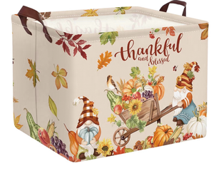 lot 4300 image: Clastyle Large Gnome Pumpkin Thanksgiving Gift Basket Autumn Farm Harvest Cart Turkey Fall Nursery Bin Orange Kid Clothes Toy Book Shelf Basket - Retail $0