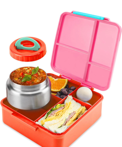 lot 4304 image: Bento Lunch Box for Kids With 8oz Soup Thermo,Leak-proof Lunch Containers with 4 Compartment,Thermo Food Jar, Food Containers for School(Vermilion) - Retail $0