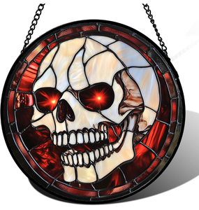 lot 4322 image: Stained Glass Window Hanging - Halloween Decorations White Skeleton Suncatcher for Doors Garden Indoor Spooky Funny Red Sun Catchers Gothic Decor Horror Gifts for Women Men Friend 9.8 in - Retail $0