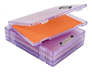 lot 4328 image: 4Pack Letter Size Clipboard with Storage 8.5  11, Plastic Clear Purple Clipboard File Box A4 Nursing Clip Board for School & Office with Stickers (Clear Purple-4pcs) - Retail $0