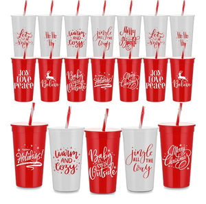 lot 4334 image: Sliner 20 Pcs 34 oz Christmas Tumbler with Straw Lid Winter Holiday Coffee Mug Cup Reusable Plastic Cup Xmas Joy Love Peace Believe School Classroom Rewards Party Supplies for Student from Teacher - Retail $0