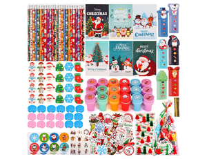 lot 4336 image: 120PCS Christmas Party Favors, Christmas Stationery Set with Drawstring Bags Stampers Pencils Rulers Erasers, Assortment Christmas Goodie Bag Supplies, XMAS School Stationery Prizes Holiday Gifts - Retail $0