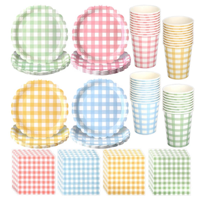 lot 4339 image: 96 Pcs Gingham Dessert Paper Plates And NapkinsCup Set - 9 Inch 4 Color(RedBlueGreenYellow) Small Scalloped Disposable Paper Plate - Disposable Gingham Party Supplies - For Picnic Wedding Birthday - Retail $0