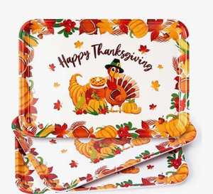 lot 4347 image: Sunnychicc 48 Pack 14 Inch Thanksgiving Disposable Paper Food Trays Large Thanksgiving Paper Plate Platters Heavy Duty Turkey Pumpkin Dinner Serving Party Platters for Harvest Party Seafood Boil BBQ - Retail $0