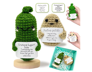 lot 4356 image: CrazyHome Positive Potato, Emotional Support Pickle Combo  Handmade Crochet Positive Vegetables 2PCS Set - Potato, Mini Cucumbers  Cheer-Up, Motivational, Funny Desk D�cor - Retail $0