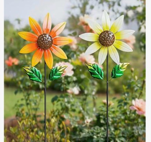 lot 4363 image: 2 Pack Metal Wind Spinners for Outdoor Decor - ��Garden Windmill Sculptures, ��Yard Art for ��Patio Lawn - ��Vibrant White Daisies & Orange Sunflowers Metal Spinners for ��Garden Decorations - Retail $0
