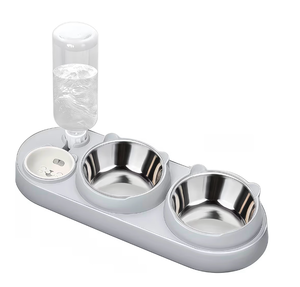 lot 4373 image: Marchul 3 in 1 Cat Bowl, Cat Food and Water Bowl Set with Water Dispenser and Stainless Steel Bowls, 15° Tilted Pet Raised Three Bowls for Indoor Cats, Small or Medium Sized Dogs - Retail $0