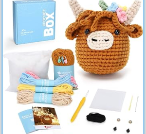 lot 4376 image: Crochet Kit for Beginners Highland Cow Crochet Kit, Include Easy Knitting Soft Yarn, Step-by-Step Video Tutorial, Hook, Birthday Gift for Adults and Teen(30% Yarn) - Retail $0