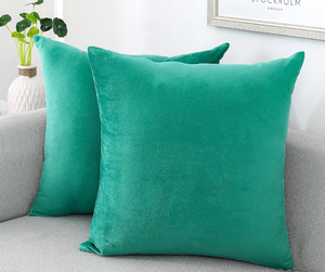 lot 4377 image: iNi ALL Decorative Throw Pillow Covers Velvet Soft for Couch Sofa Bedroom Living Room Outdoor Pack of 2 18x18 Inch Aqua Green - Retail $0