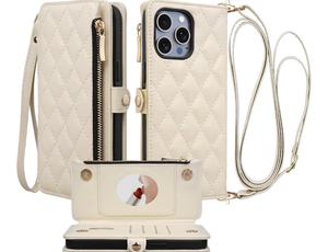 lot 4380 image: for iPhone 16 Pro Max Wallet Case with Mirror, Wristlet & Crossbody Strap, Zipper Card Holder - RFID Blocking, Flip Magnetic Shockproof Protective Cover with Kickstand for Women, Beige - Retail $0