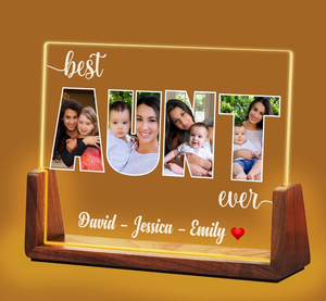 lot 4386 image: Personalized Christmas Gifts for Aunt from Niece Nephew, Customized Acrylic Plaque LED Walnut Photos Frame with Night Light, Mothers Day, Birthday Gifts Idea for Aunt Women - Retail $0