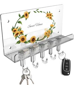 lot 4388 image: Wall Key Holder for Wall with 5 Hooks, Clear Acrylic Sunflower Design for Mail and Coats, Multi-Purpose Wall Mounted Organizer Shelf, Home Room Wall Decor, Easy to Install - Retail $0