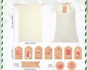 lot 4394 image: Clysee 8 Pcs Sublimation Blank Christmas Santa Sacks Bags Large Christmas Gift Bags Xmas Cheese Cloths Muslin Drawstring with 50 Kraft Paper Tags and Strings for DIY, 26.8 x 18.9 Inch - Retail $0