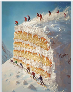 lot 4396 image: Retro Apres Ski Wall Art,Skiing Poster,Mini Skiers On Frosty Cake Print,Cozy Ski Cabin Decor,Vintage Bar Cart Art, - Retail $0