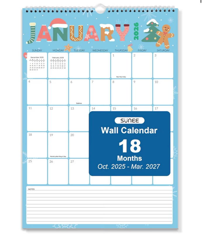 lot 3025 image: SUNEE Calendar 2026 18 Months Wall Calendar Oct. 2025 - Mar. 2027, 12x17 Big Hanging Calendar 2026 with Note, Past Month and Next Month for Organizing & Planning, Cute - Retail $0
