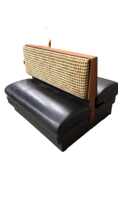 lot 100 image: vintage-style double restaurant booth seat featuring black vinyl upholstery and a patterned fabric - Retail $400