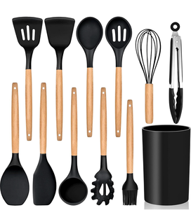 lot 4425 image: Kitchen Utensils Set of 12, E-far Silicone Cooking Utensils with Holder, Non-stick Cookware Friendly & Heat Resistant, Includes Spatula Tong Whisk Ladle Brush Slotted Turner Spoon(Black) - Retail $0