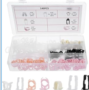 lot 4438 image: 140 Pcs Retaining Clips for Fuel Lines, Nylon Hose Pipe Clamps, Compatible with Gm and, 516 in 38 in Assortment Kit - Retail $0
