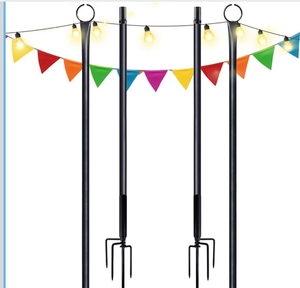 lot 4439 image: SURNIE Outdoor String Light Pole - Outside Metal Hanging Poles for Patio Deck String Lights Post - 2 Pack 9FT Holder with Hook Stand Hang Lighting - Garden Backyard Bistro Wedding Christmas Party - Retail $0