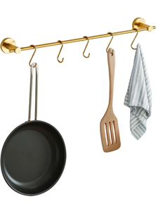 lot 4446 image: 21.6 Inch Towel Bar with 5 S Shaped Hooks,Brass Towel Holder Brushed Gold Towel Rack for Bathroom Kitchen - Retail $0
