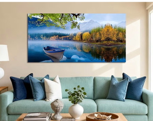 lot 4459 image: 40x20 Landscape Wall Art for Living Room Lake Canvas Blue Picture Bedroom, Nature Boat Artwork Modern Nature Painting Framed Large Home Office Dining Room Wall Decor - Retail $0